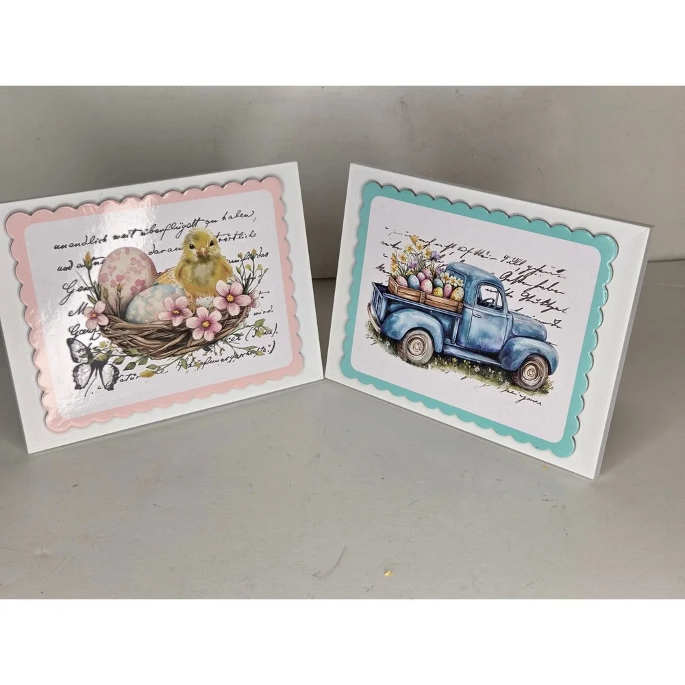 Easter Framed Art Set 2 Blue Truck Chick Eggs Spring Decor White Frames